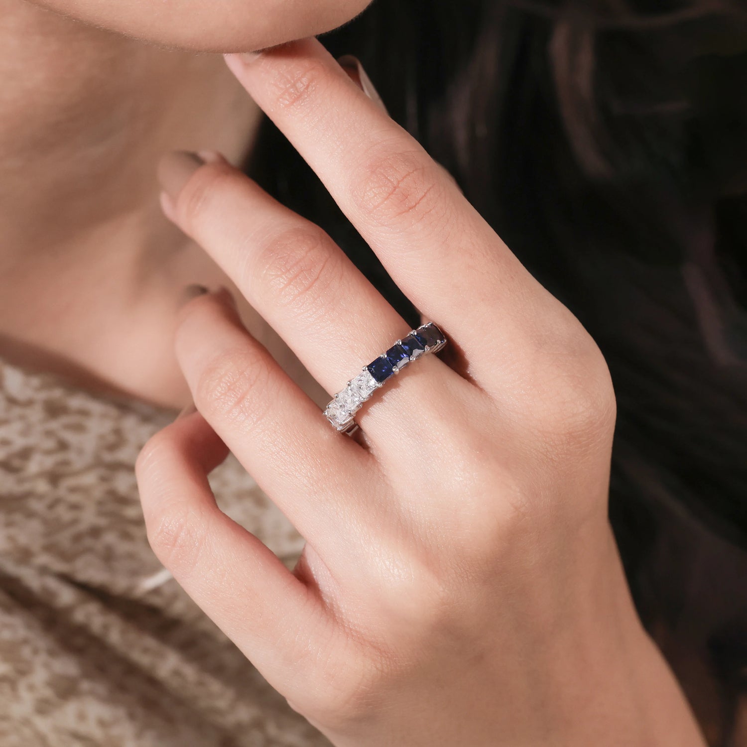 4.18 CT Princess Half Lab Diamond and Half Lab Blue Sapphire Full Eternity Ring