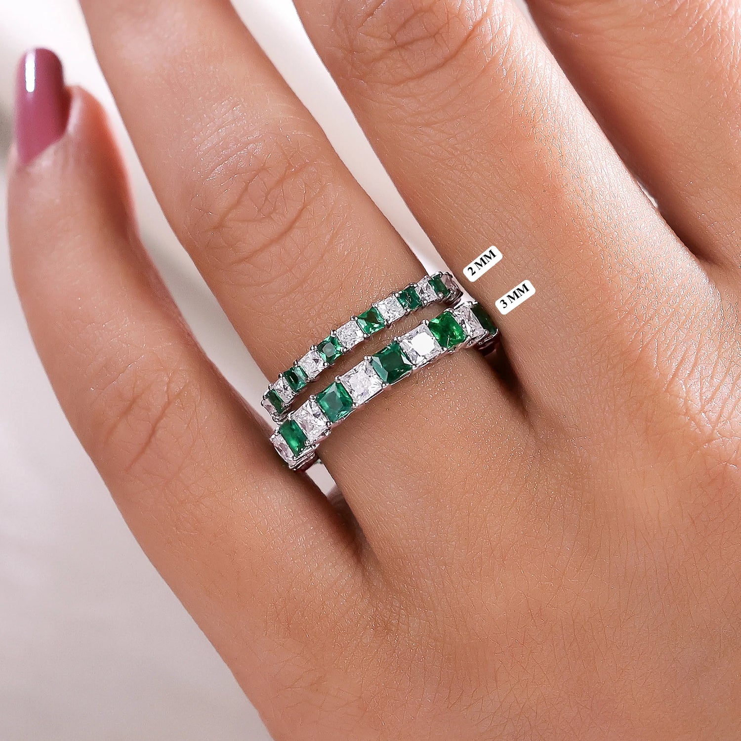 Princess Lab Green Emerald and Lab Diamond Half Eternity Bands