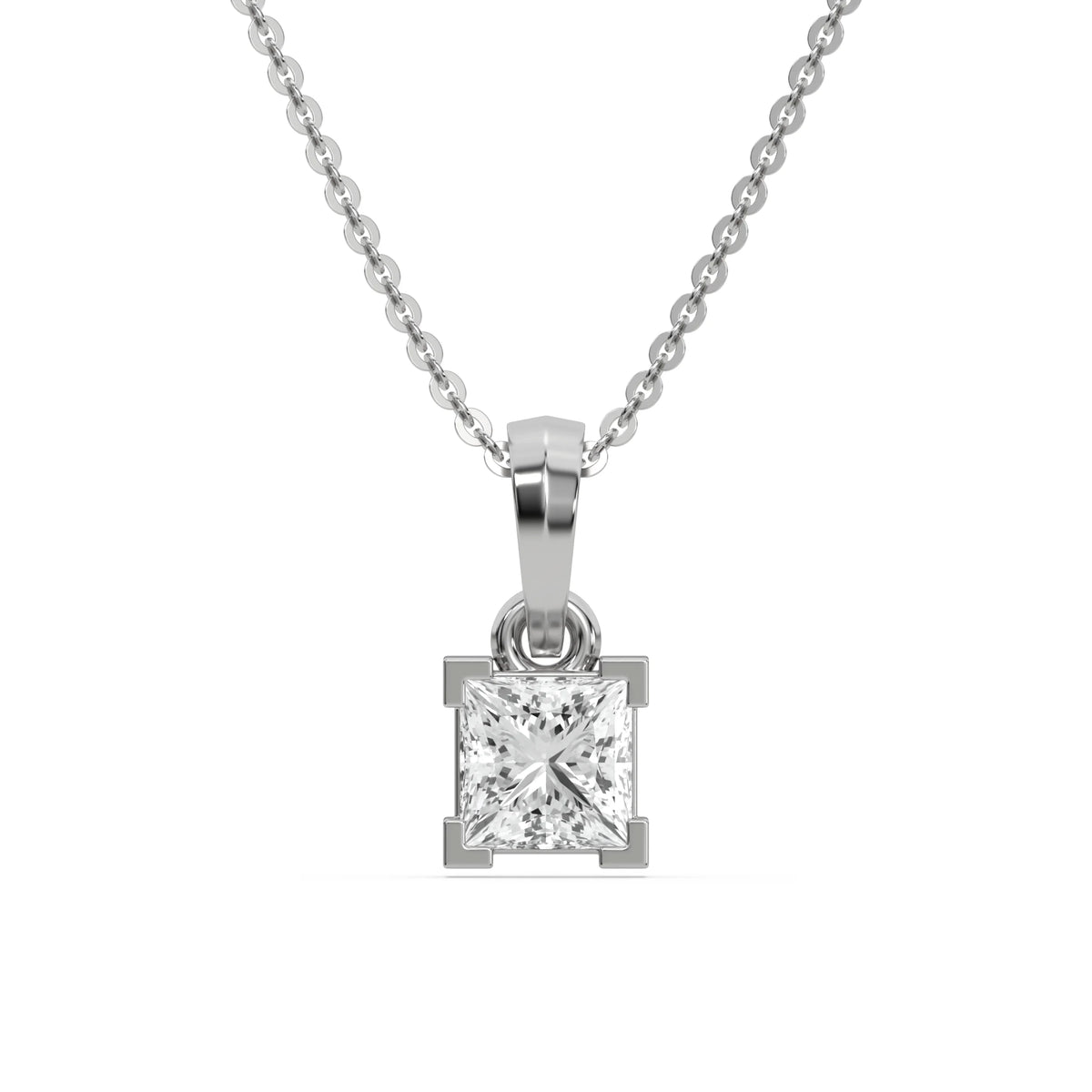 Solitaire princess diamond necklace featuring a prong-set square diamond in a classic white gold pendant setting with a white background.