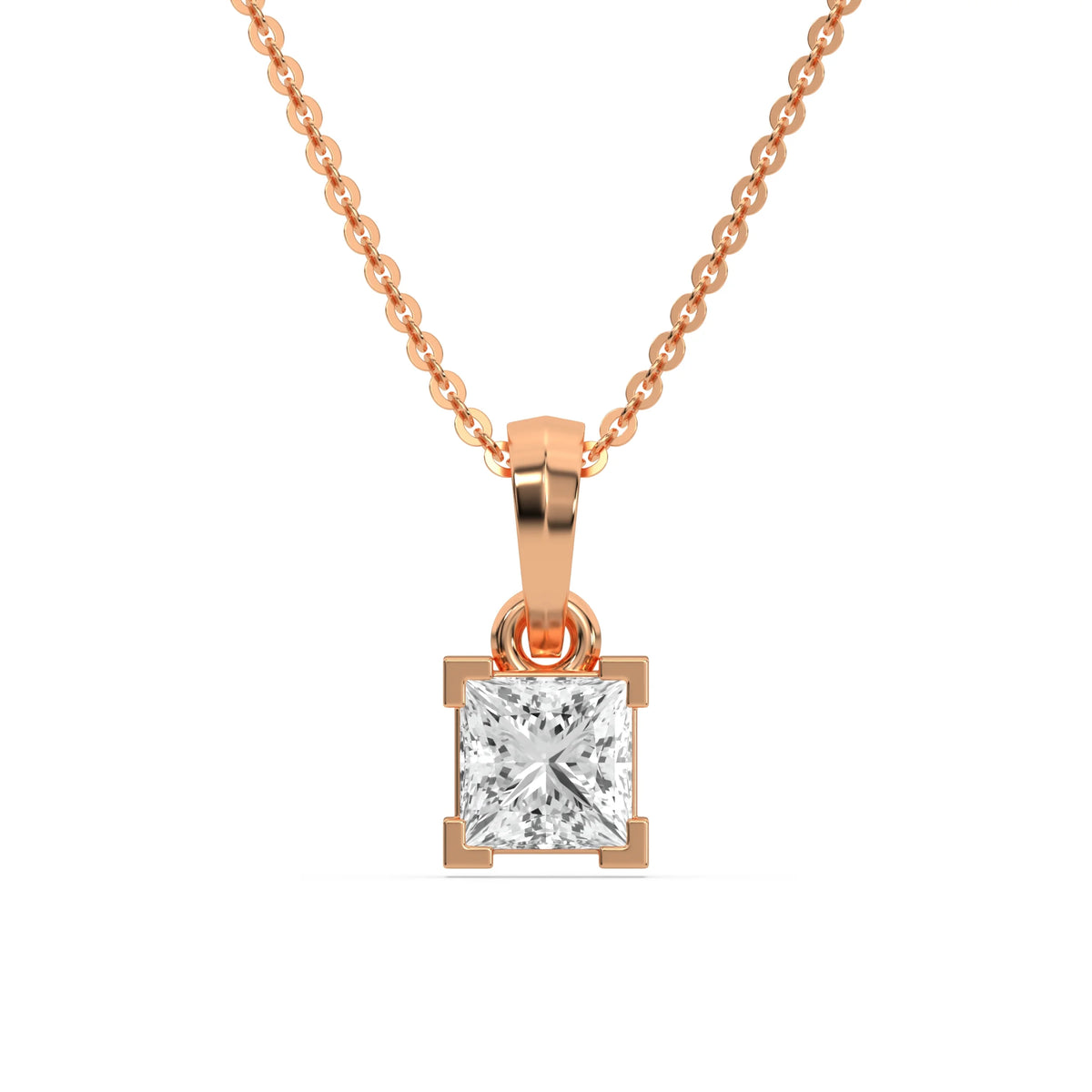 18K Rose Gold Princess Solitaire Diamond Necklace