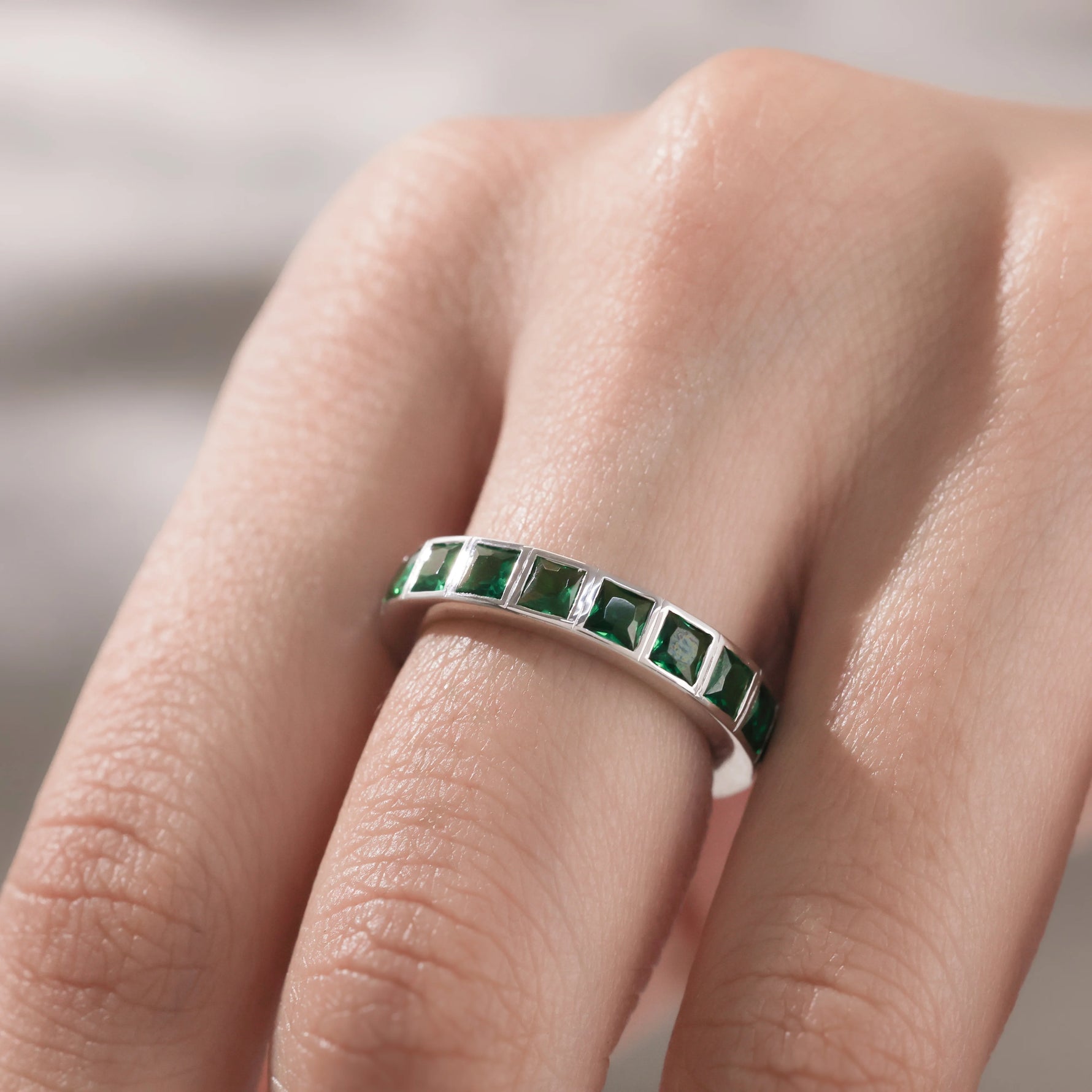 Princess Diamond Emerald Gemstone Full Eternity Ring
