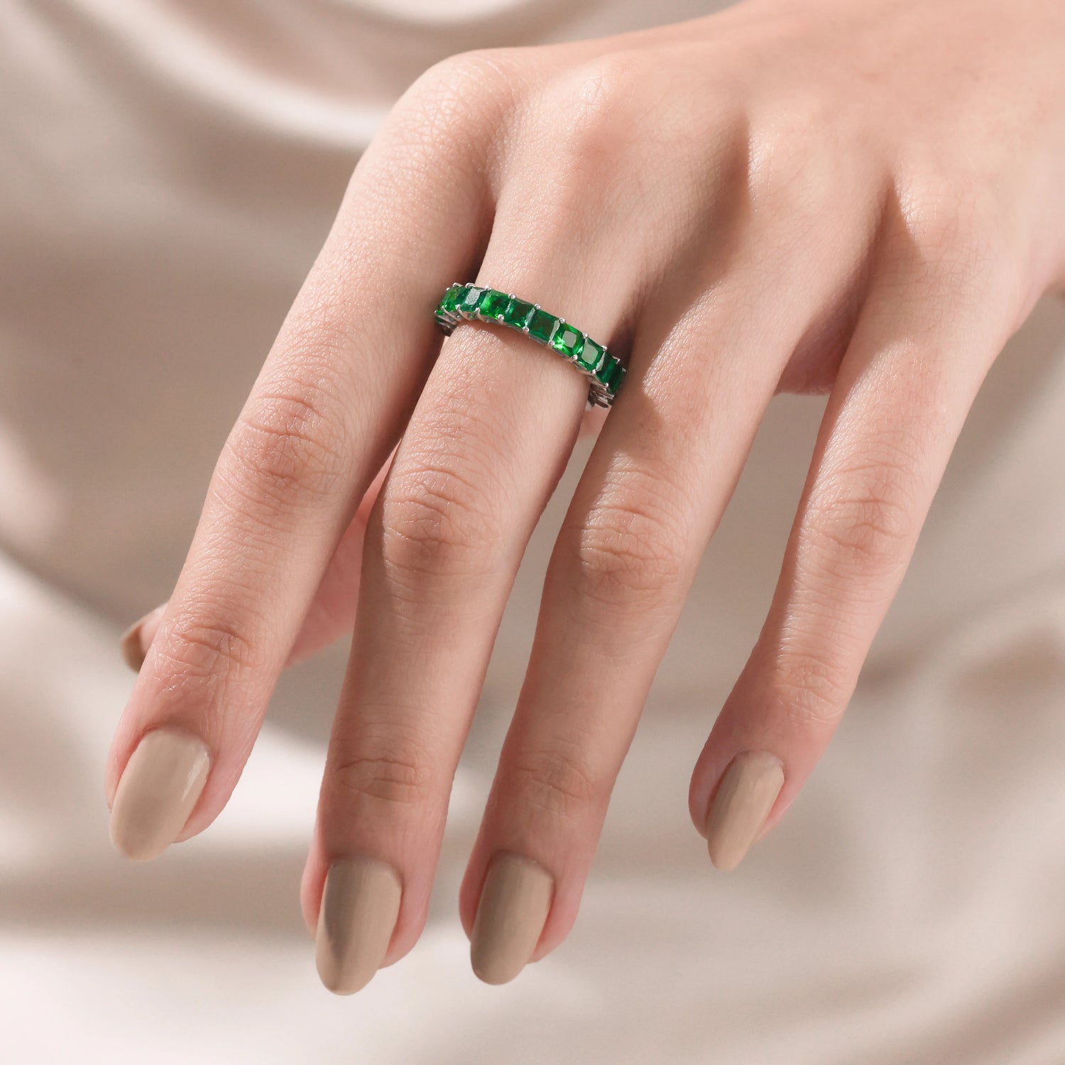 14K White Gold Emerald  Gemstone Full Eternity Ring