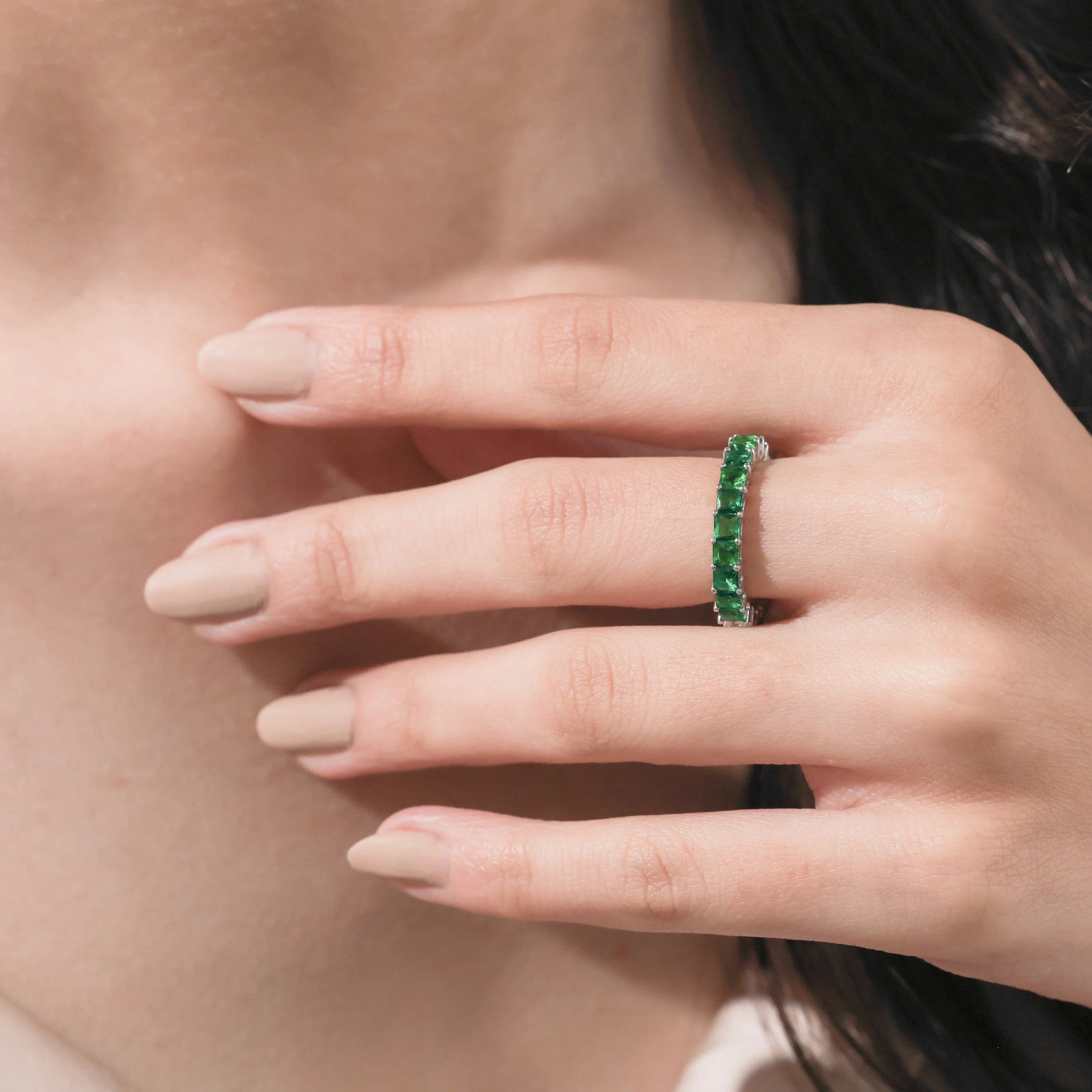 Princess Cut 10K Gold Emerald Gemstone Full Eternity Ring