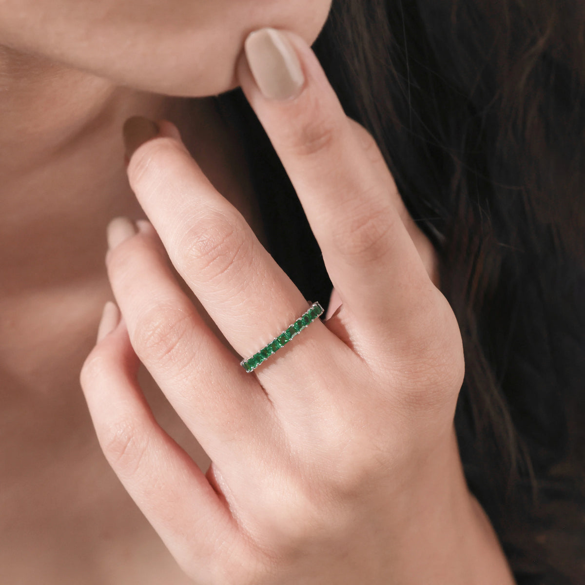 14K White Gold Emerald  Gemstone Full Eternity Ring