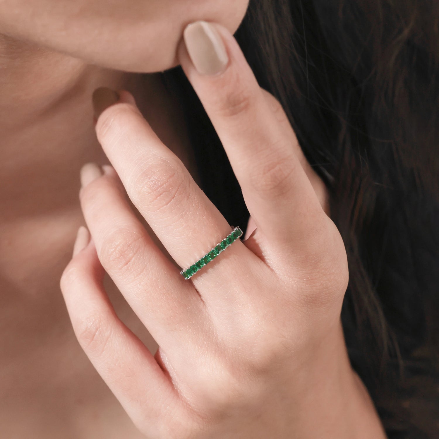 14K White Gold Emerald  Gemstone Full Eternity Ring