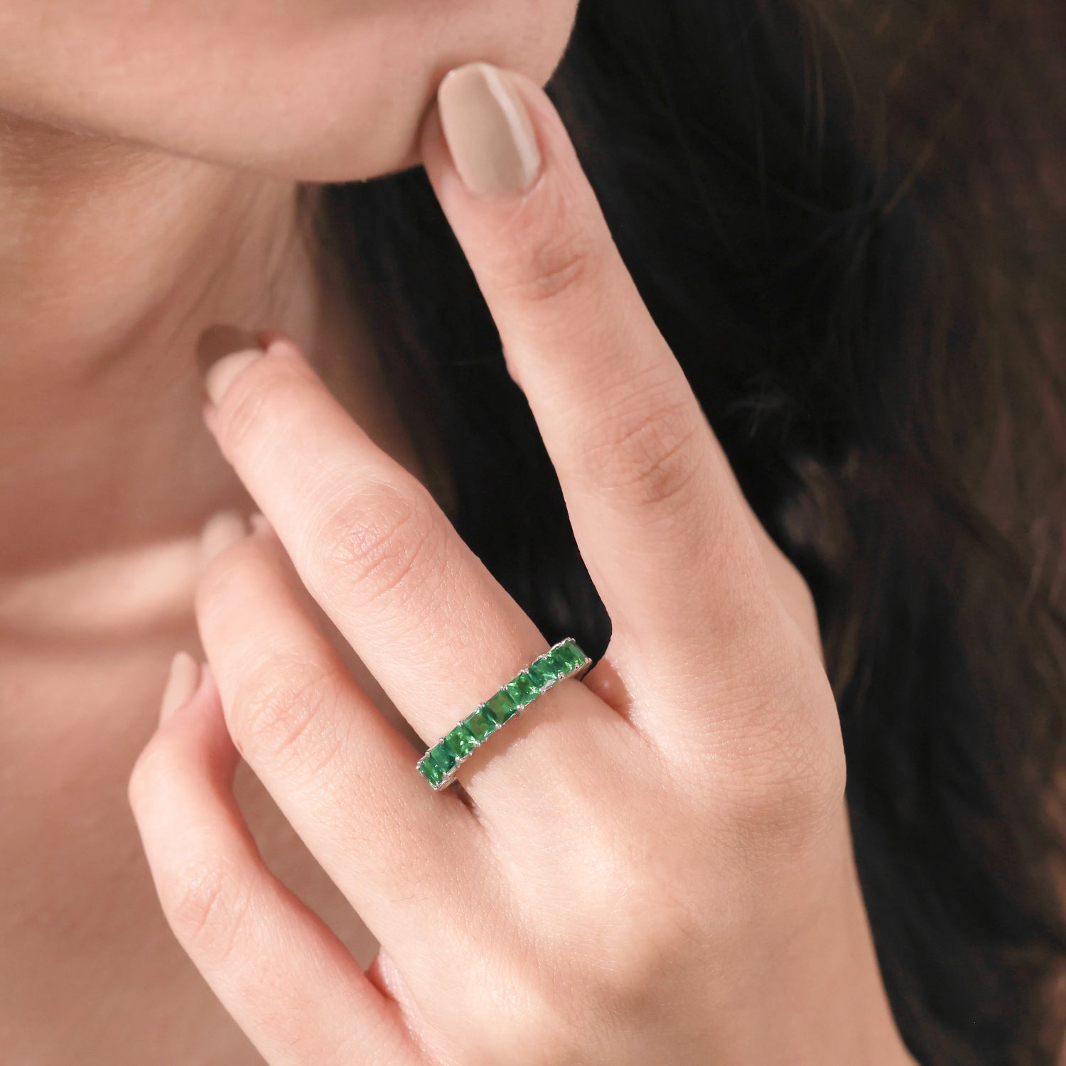 Princess Cut Emerald Gemstone Full Eternity Ring
