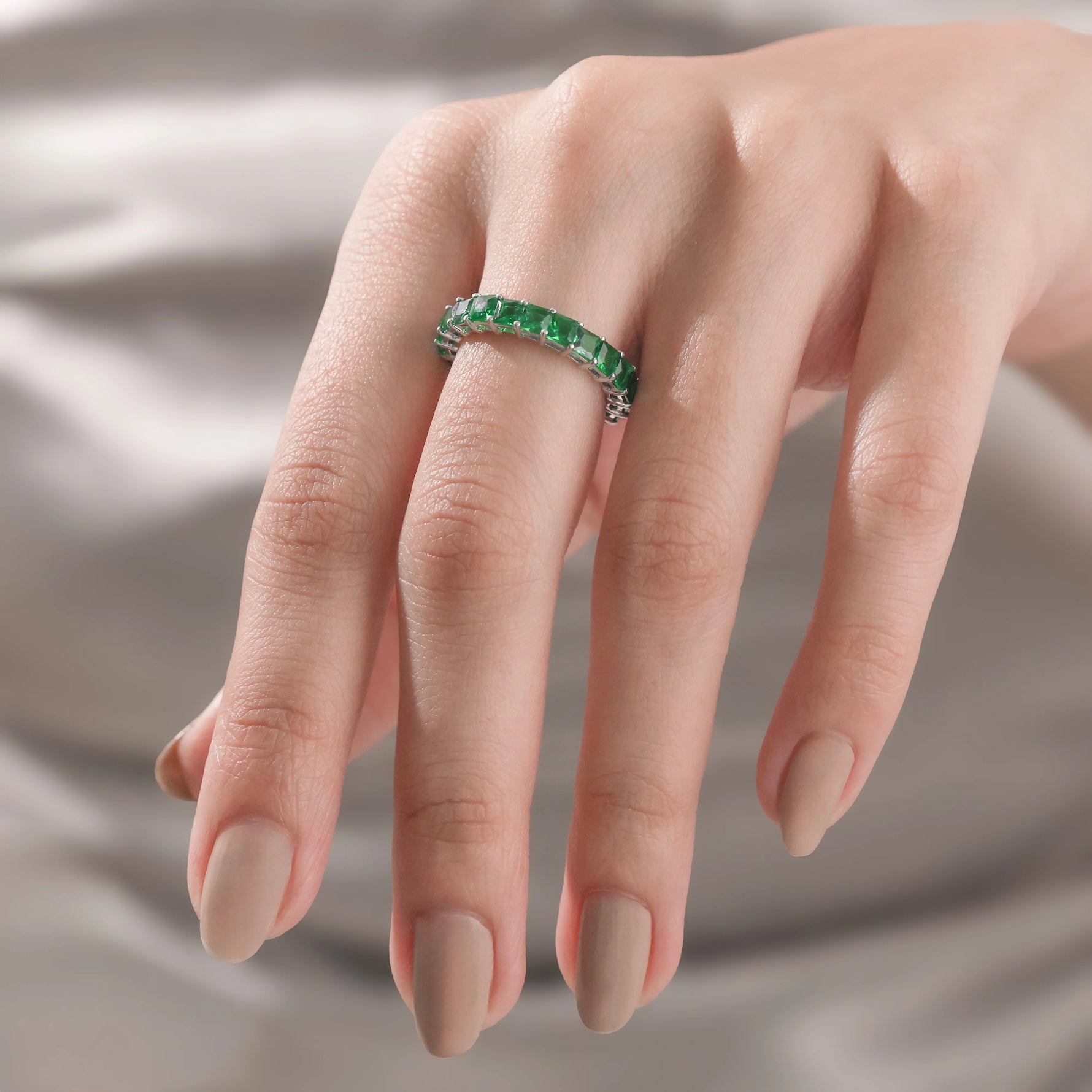 Princess Cut 10K Gold Emerald Gemstone Full Eternity Ring