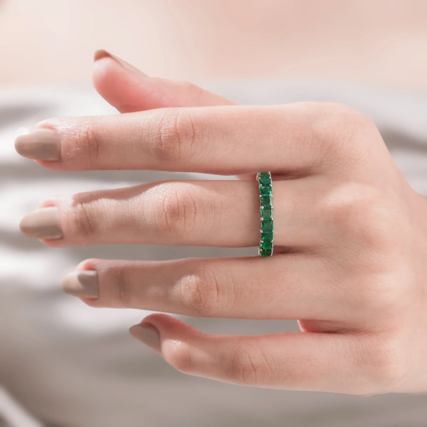 Princess Cut Emerald Gemstone Half Eternity Ring