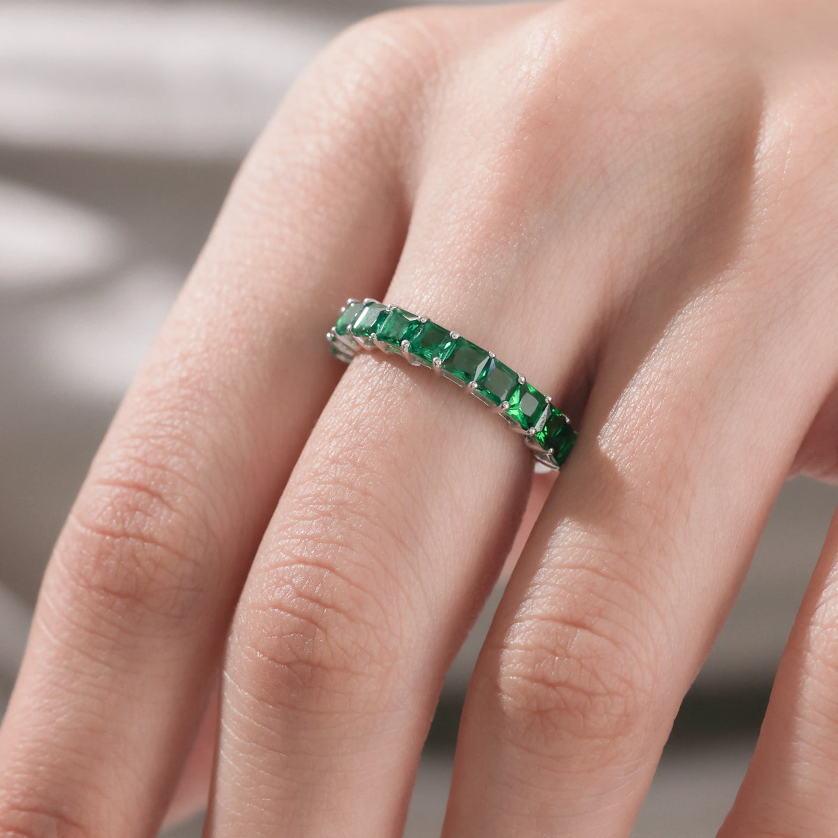 Princess 14K Gold  Emerald Gemstone Full Eternity Ring