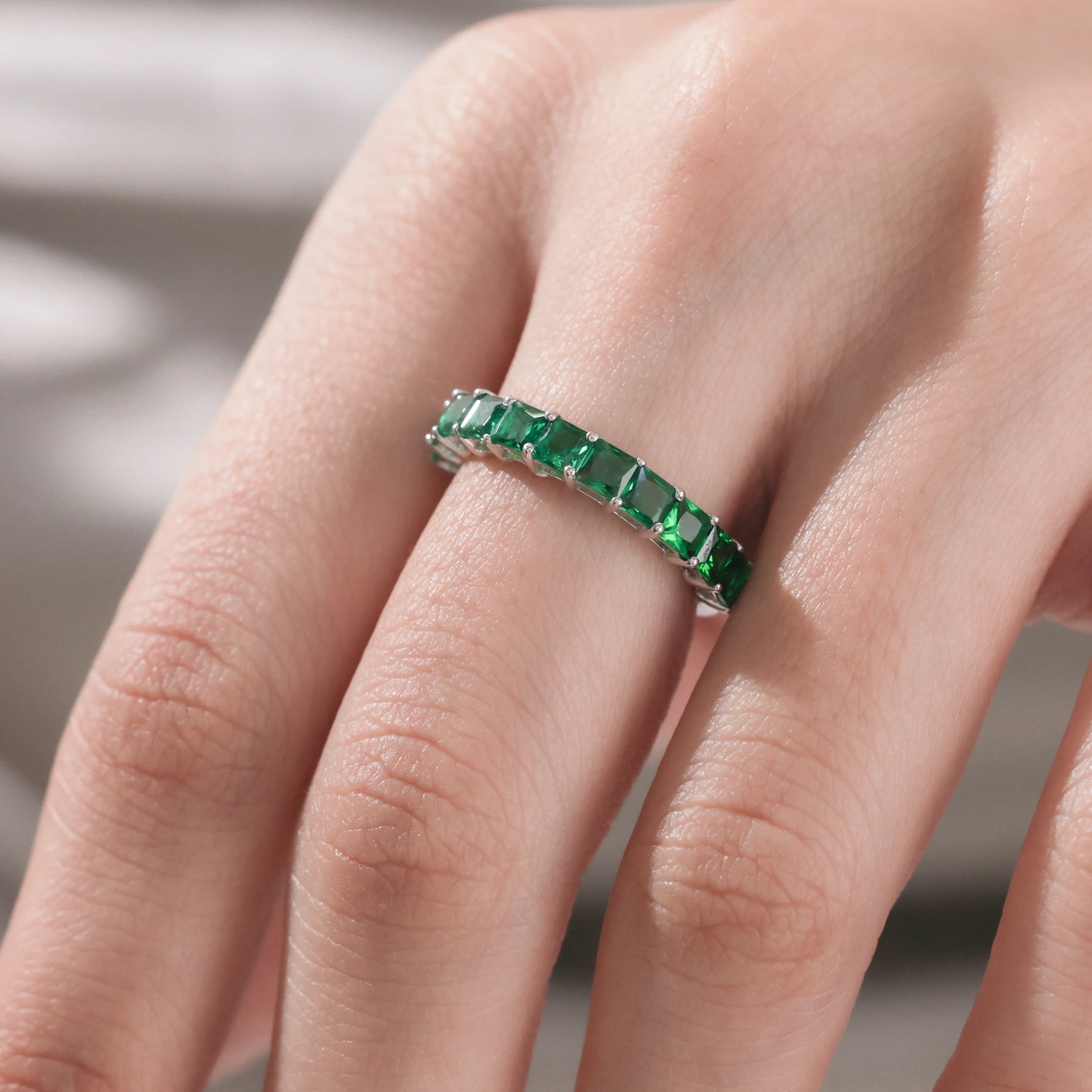 Princess 14K Gold  Emerald Gemstone Full Eternity Ring