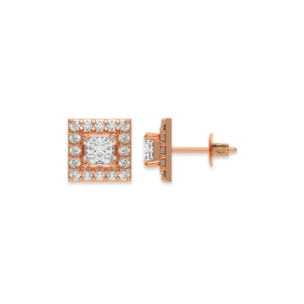 This rose gold Classic Princess Diamond Halo Earrings made with a princess-cut solitaire diamonds set in a four prong setting in top view and side view