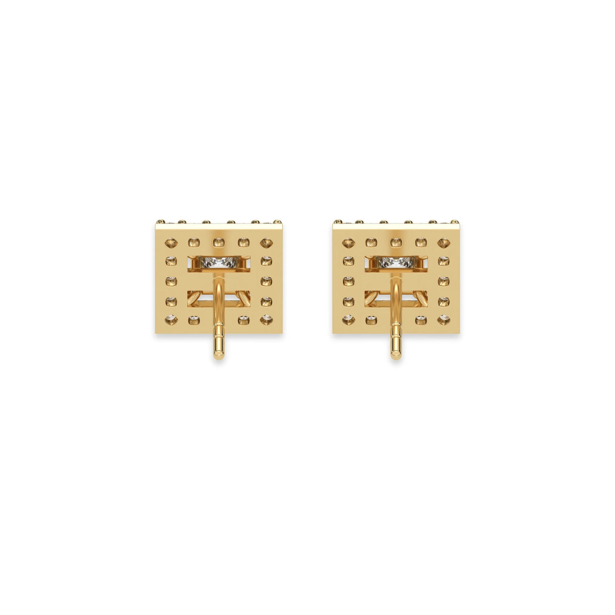 This yellow gold Classic Princess Diamond Halo Earrings made with a princess-cut solitaire diamonds set in a four prong setting in back view