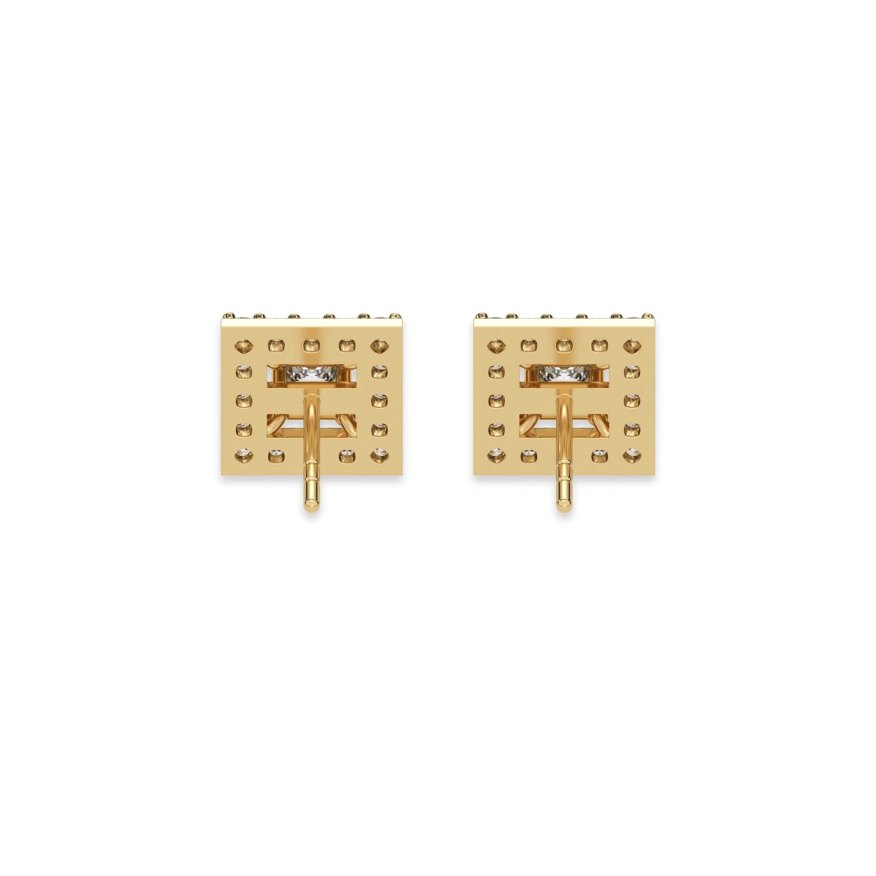 This yellow gold Classic Princess Diamond Halo Earrings made with a princess-cut solitaire diamonds set in a four prong setting in back view