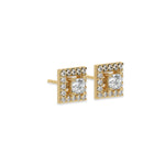 This yellow gold Classic Princess Diamond Halo Earrings made with a princess-cut solitaire diamonds set in a four prong setting in side view