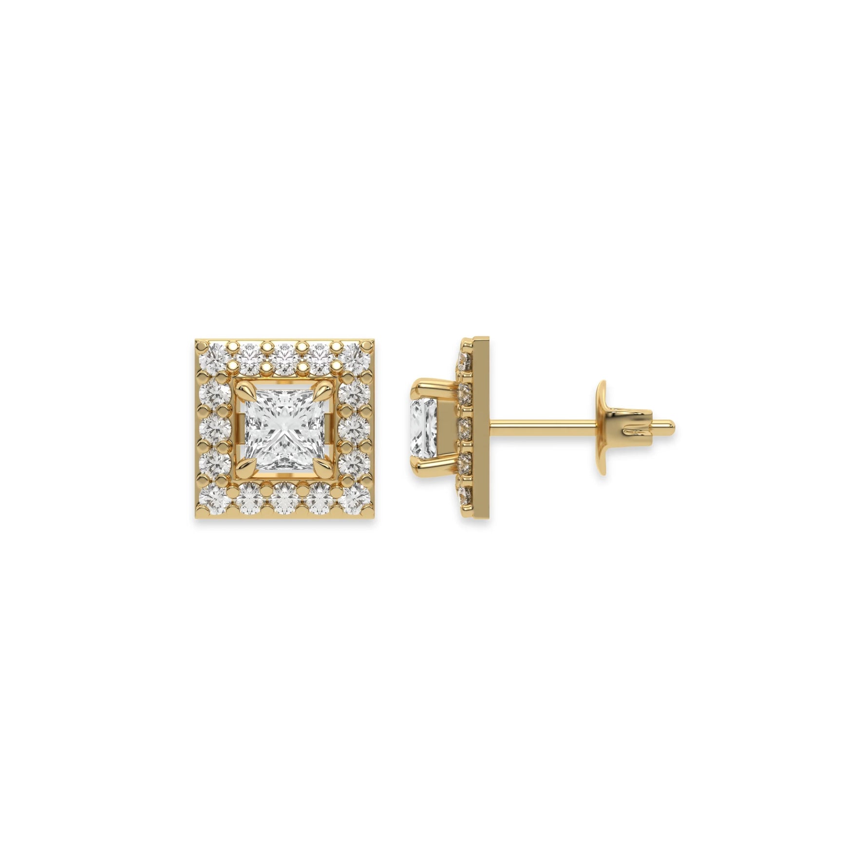 This yellow gold Classic Princess Diamond Halo Earrings made with a princess-cut solitaire diamonds set in a four prong setting in top view and side view