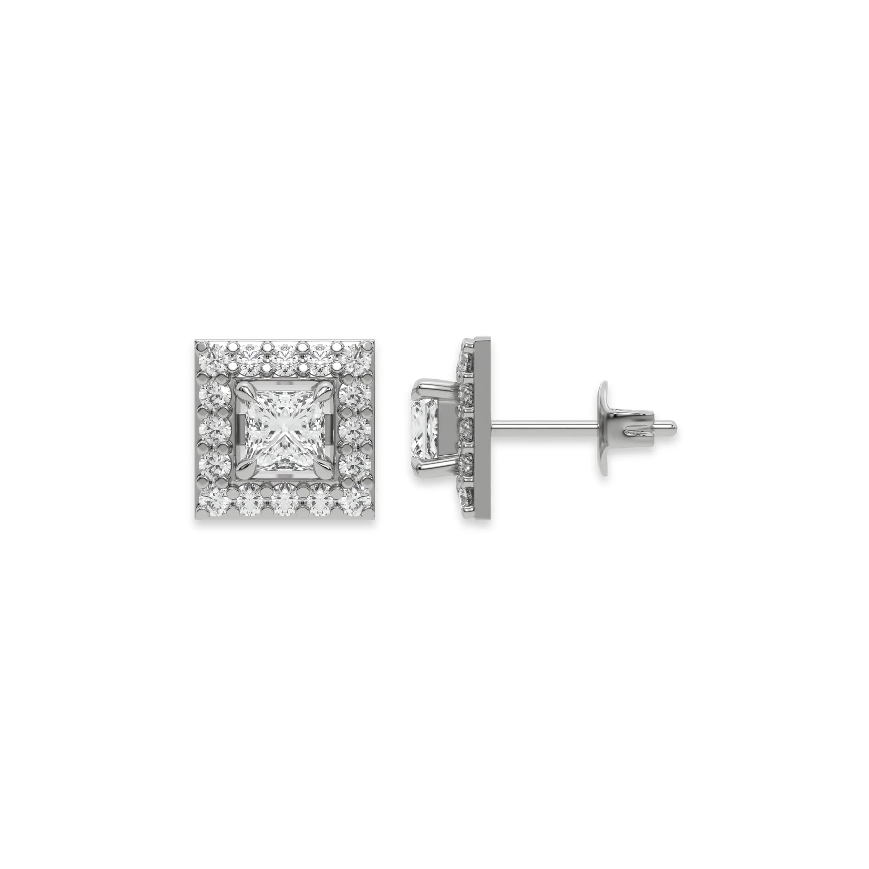 This white gold Classic Princess Diamond Halo Earrings made with a princess-cut solitaire diamonds set in a four prong setting in top view and side view