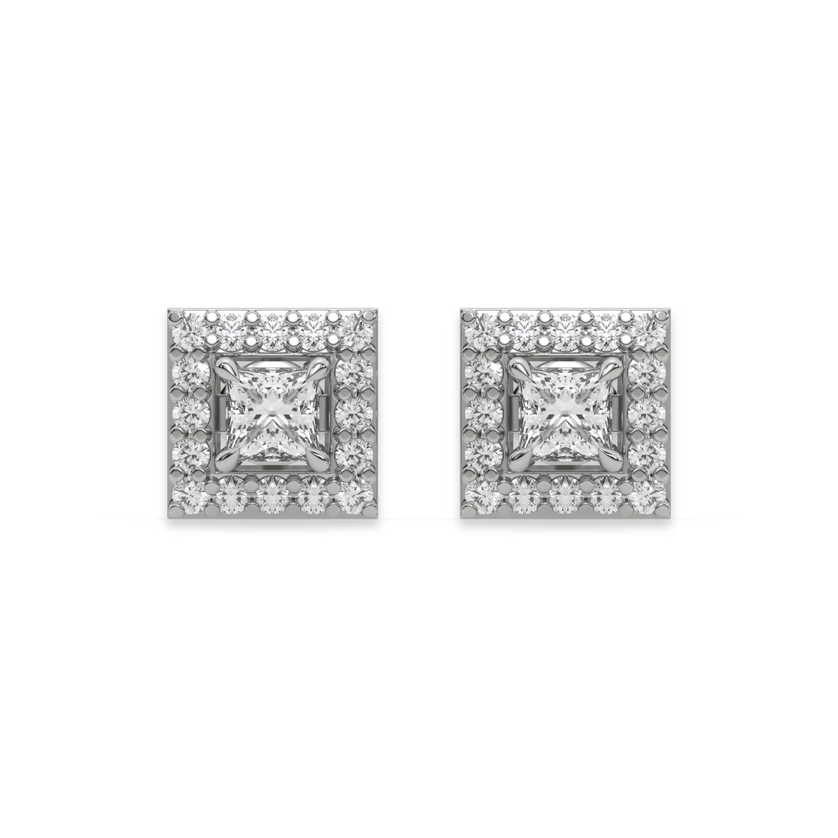 14K White Gold Princess Cut Halo Stud Earring 