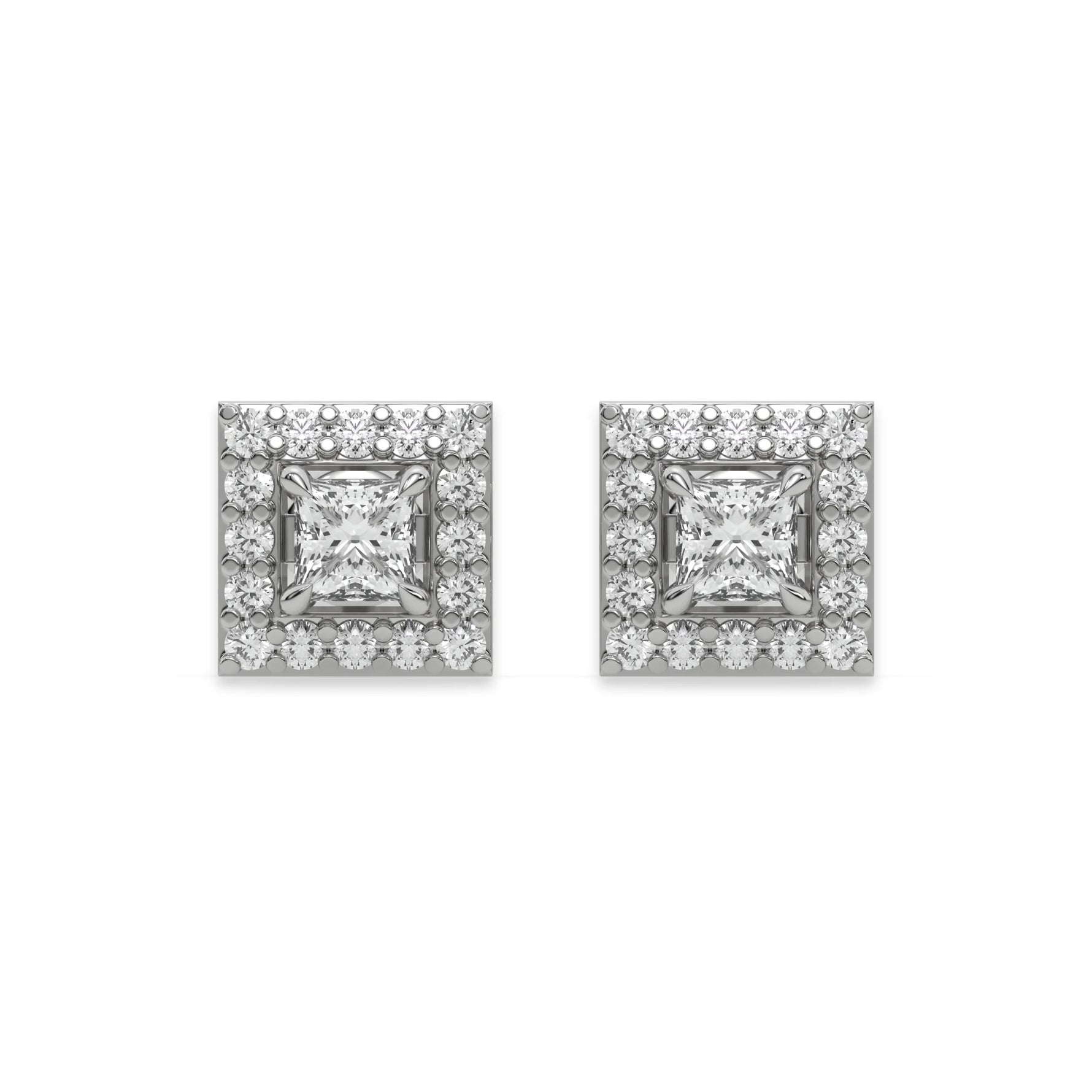 14K White Gold Princess Cut Halo Stud Earring 