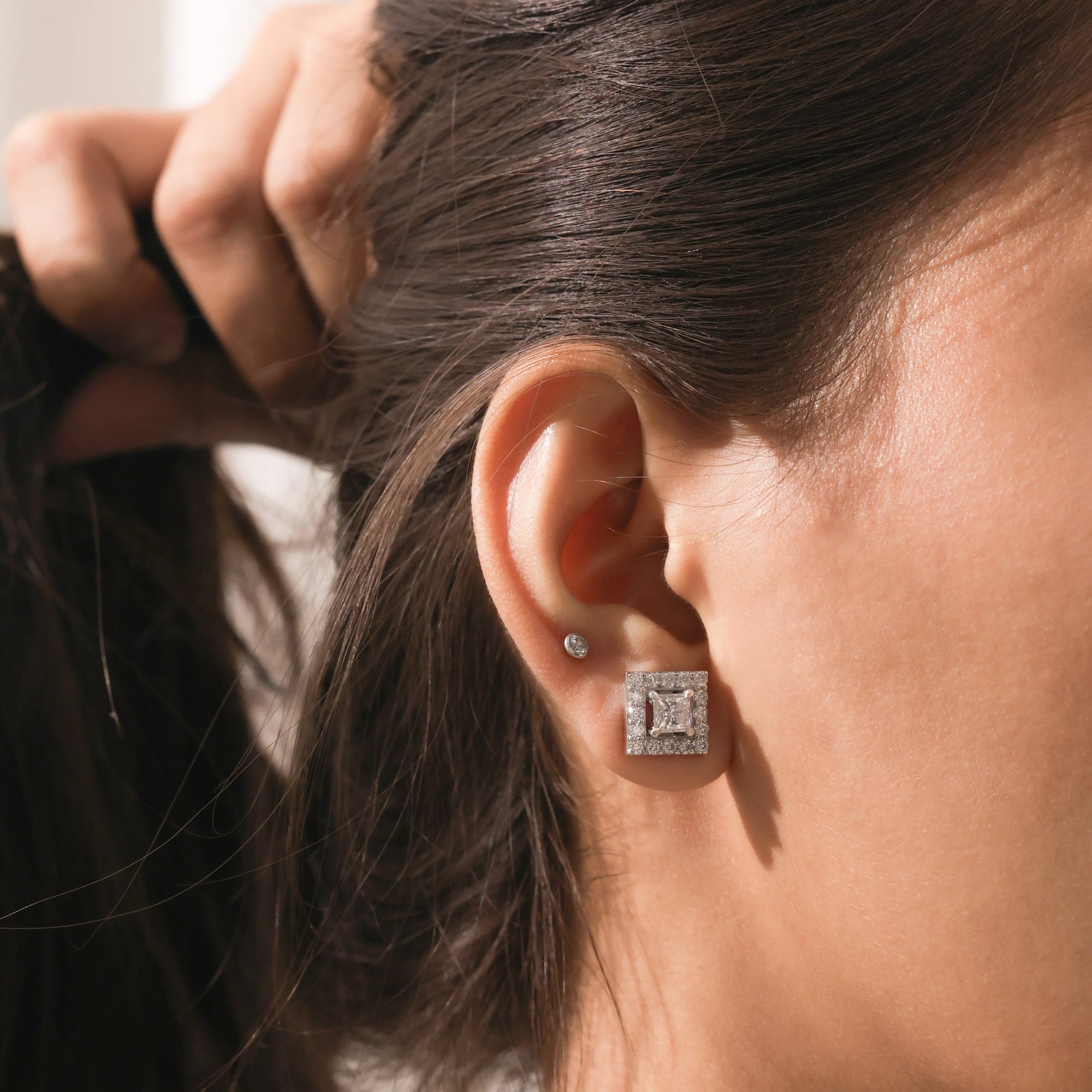 Princess Diamond Halo Stud Earring 
