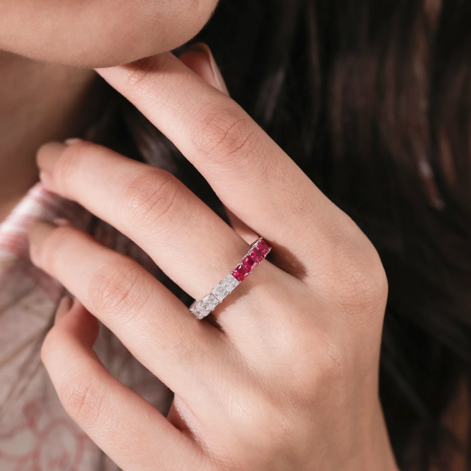 Princess Half Lab Diamond and Half Lab Ruby Gemstone Eternity Band