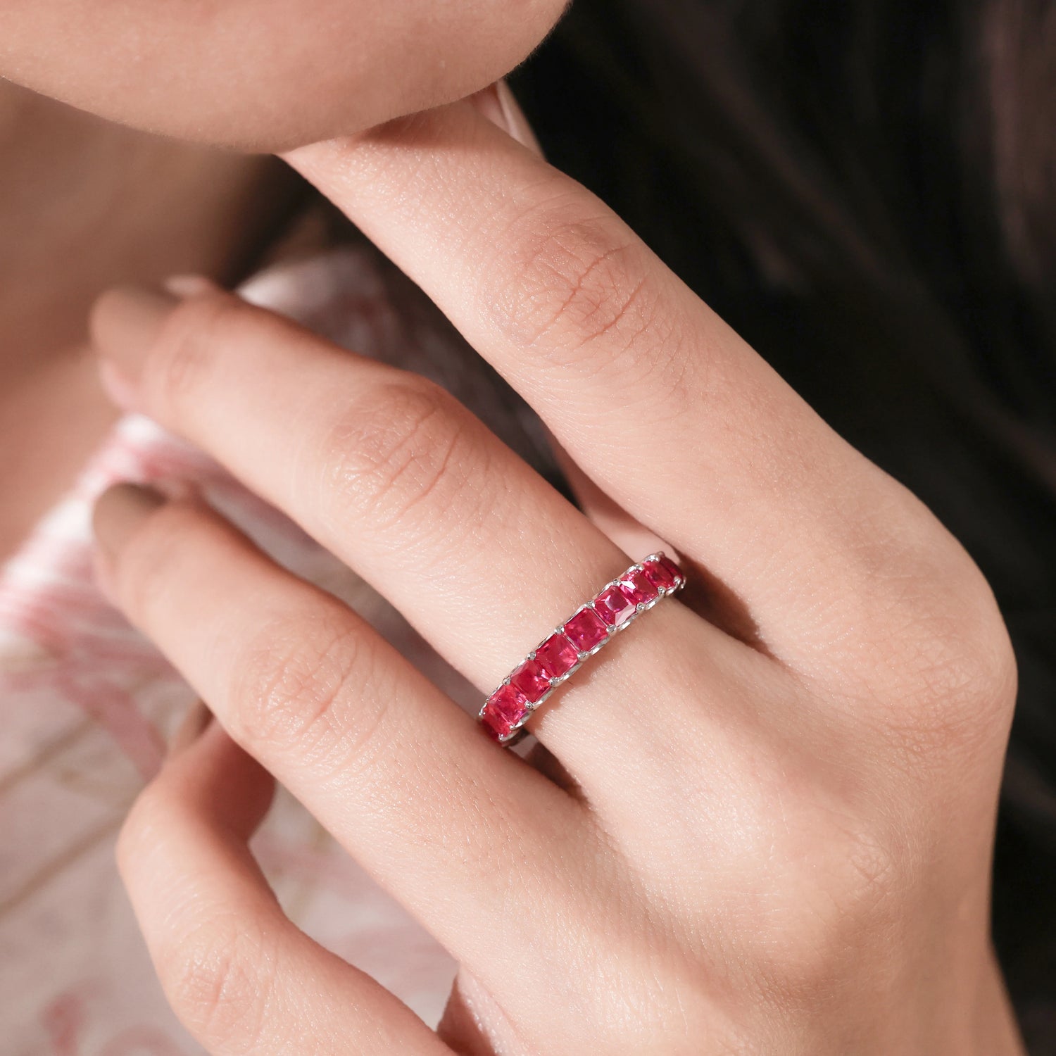 Princess Cut Lab Created Ruby Gemstone Half Eternity Ring For Women