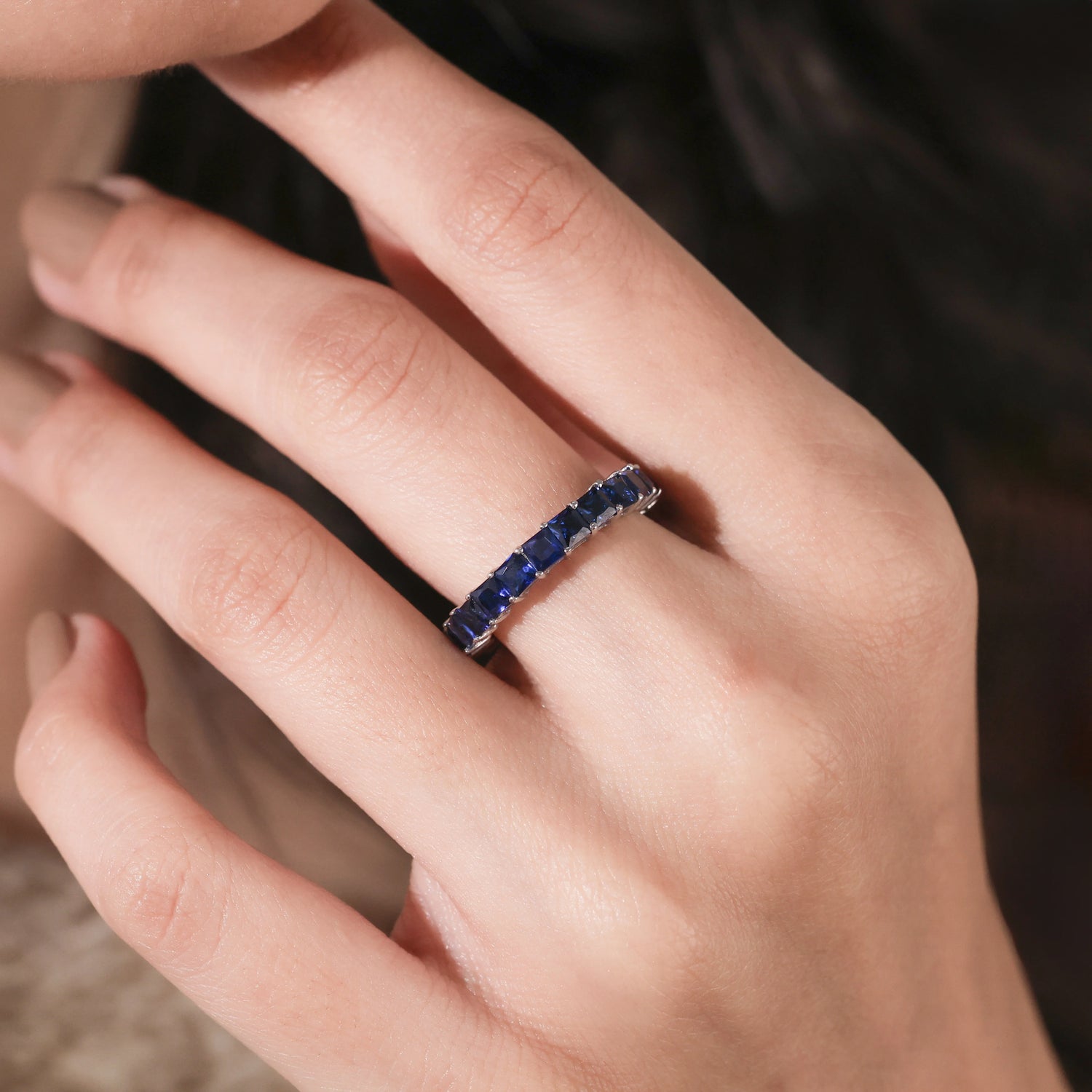 4.18 CT Princess Lab Blue Sapphire Full Eternity Ring