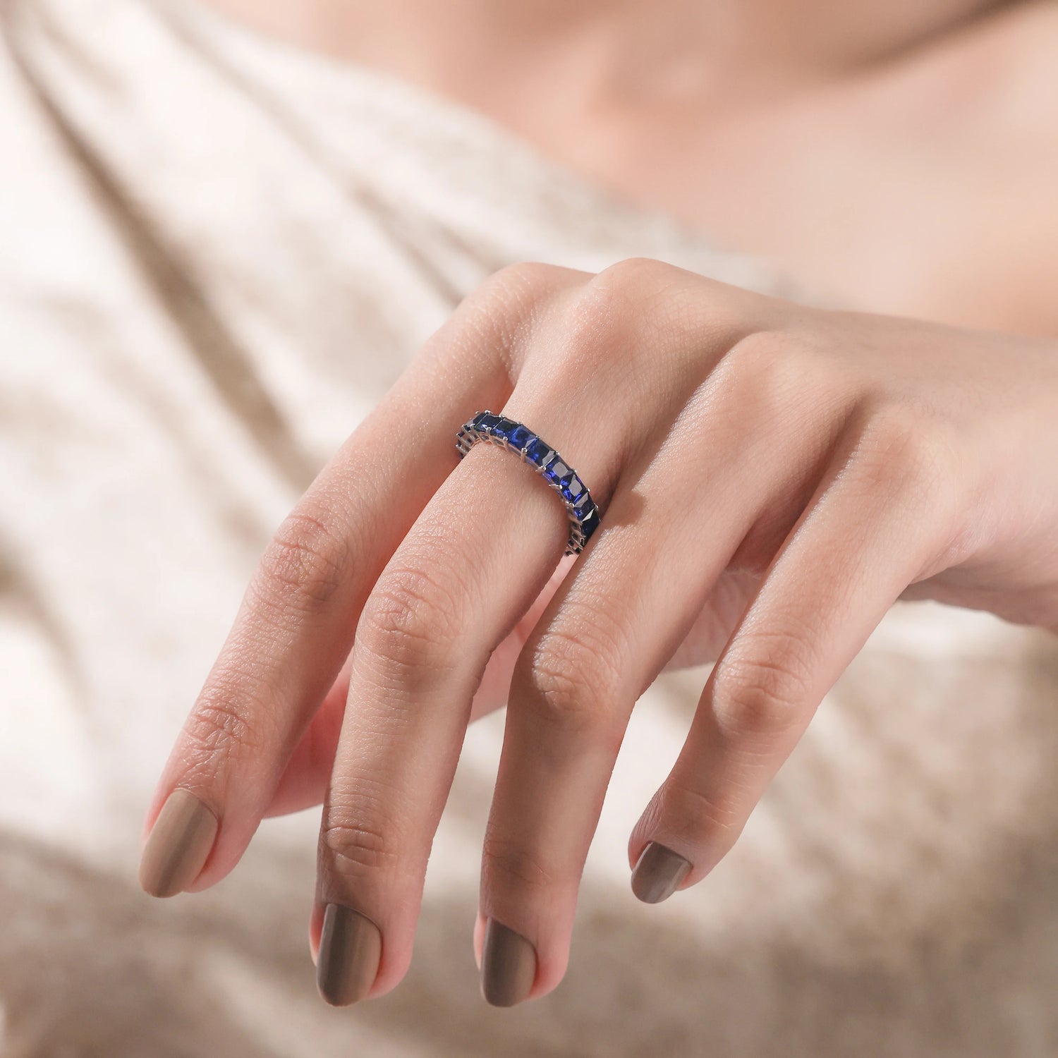 4.18 CT Princess Natural Blue Sapphire Eternity Ring