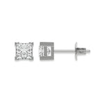 This white gold Classic Princess Diamond Earrings made with a princess-cut diamonds set in a four v-prong setting in top view and side view