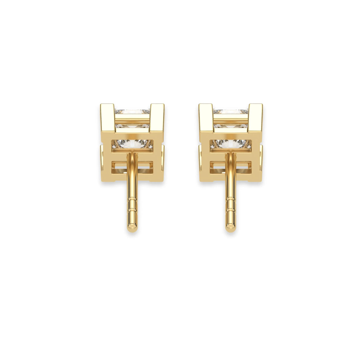 This yellow gold Classic Princess Diamond Earrings made with a princess-cut diamonds set in a four v-prong setting in back view