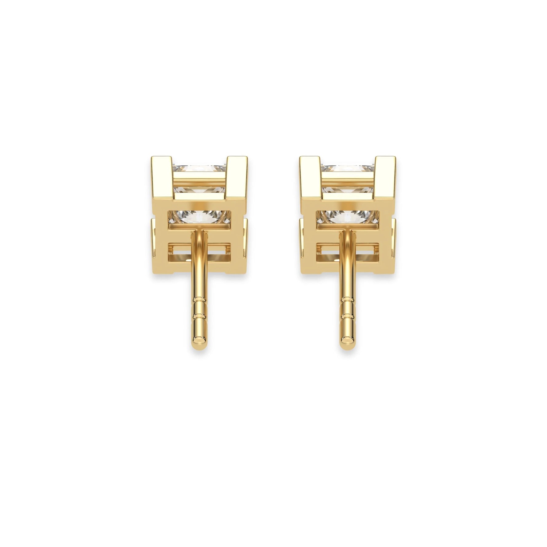 This yellow gold Classic Princess Diamond Earrings made with a princess-cut diamonds set in a four v-prong setting in back view