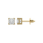 This yellow gold Classic Princess Diamond Earrings made with a princess-cut diamonds set in a four v-prong setting in top view and side view