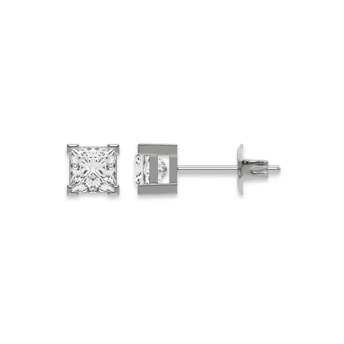 This white gold Classic Princess Diamond Earrings made with a princess-cut diamonds set in a four v-prong setting in top view and side view