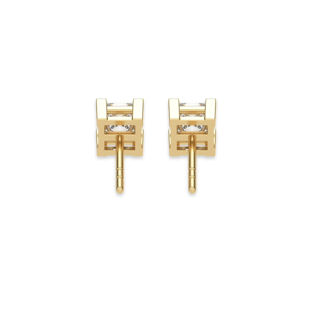 This yellow gold Classic Princess Diamond Earrings made with a princess-cut diamonds set in a four v-prong setting in back view