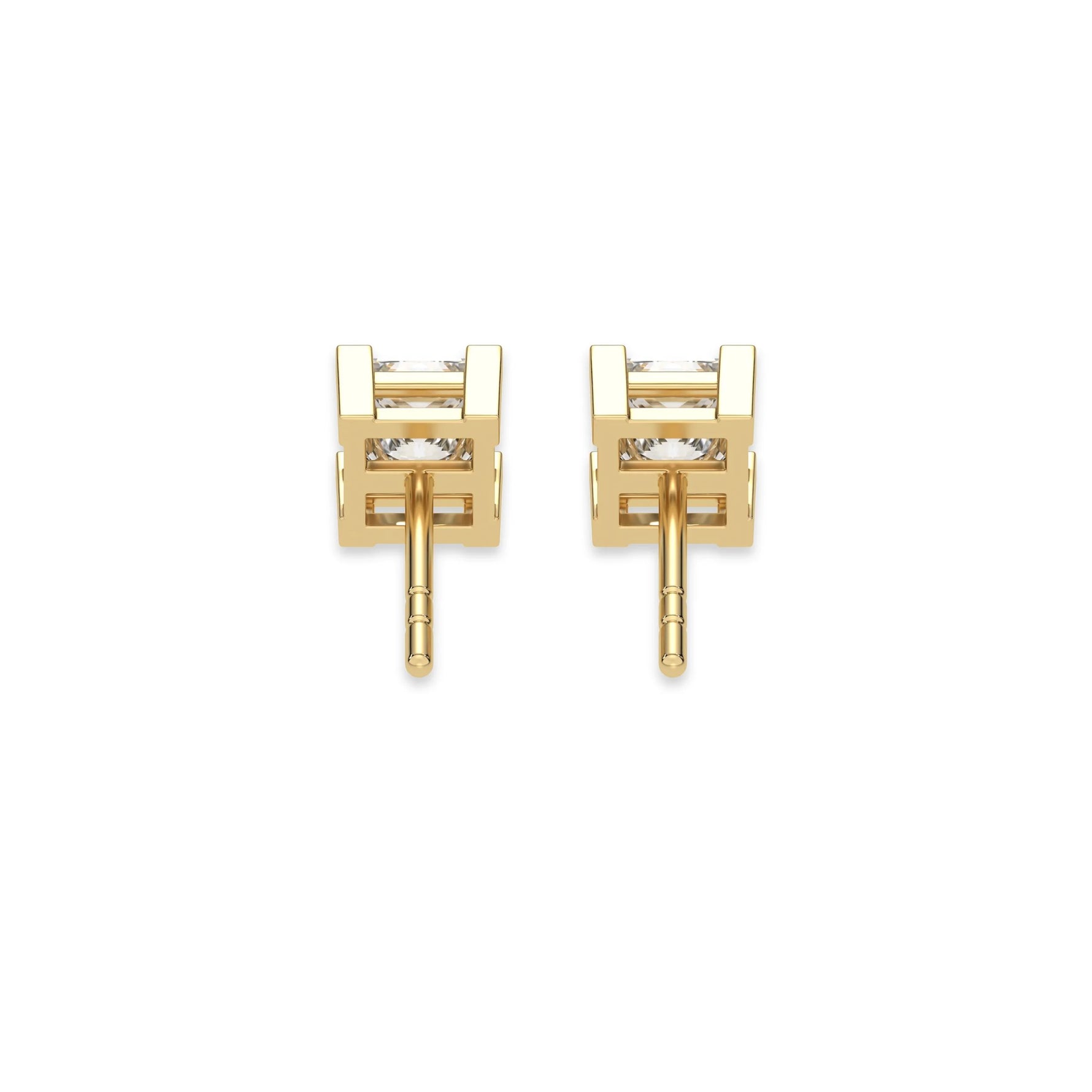 This yellow gold Classic Princess Diamond Earrings made with a princess-cut diamonds set in a four v-prong setting in back view