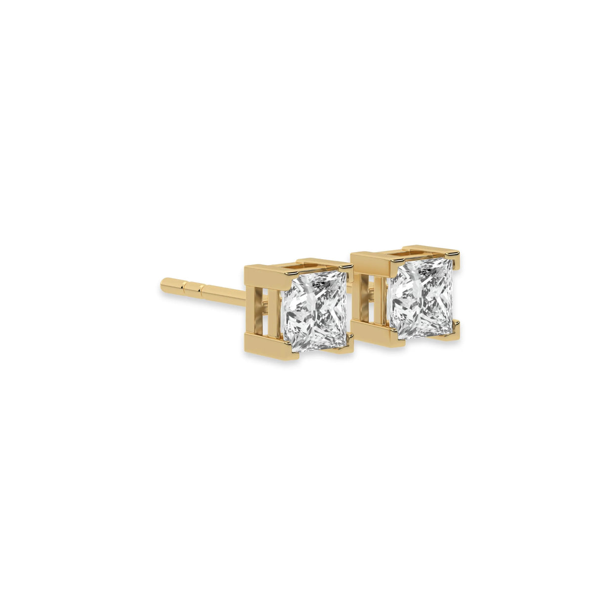 This yellow gold Classic Princess Diamond Earrings made with a princess-cut diamonds set in a four v-prong setting in side view