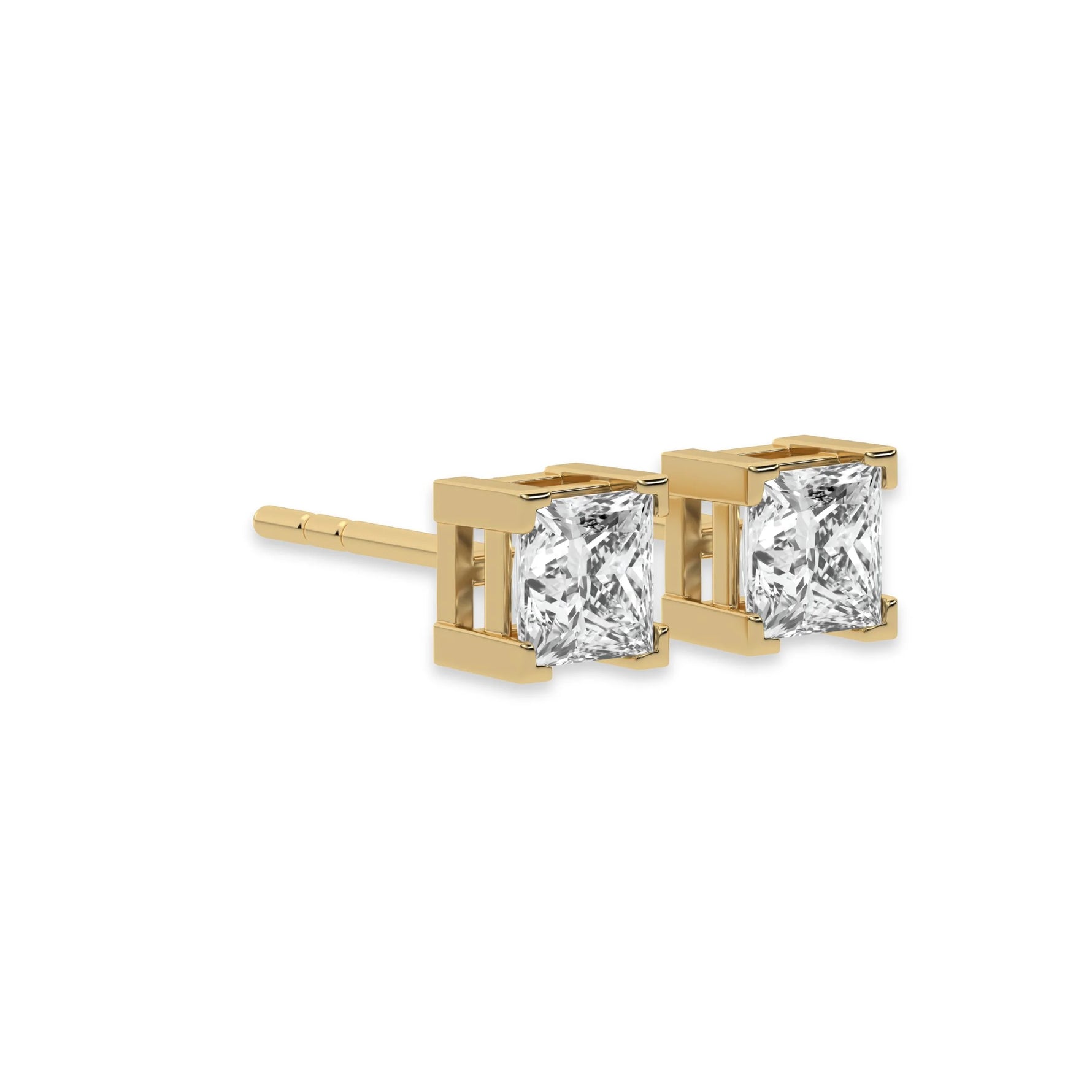 This yellow gold Classic Princess Diamond Earrings made with a princess-cut diamonds set in a four v-prong setting in side view