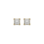 Detailed view of a square-cut princess diamond stud earring in prong-set and yellow gold fine jewelry piece with White background .