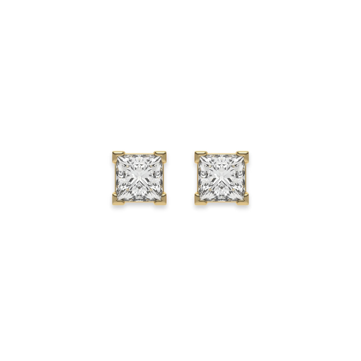 Detailed view of a square-cut princess diamond stud earring in prong-set and yellow gold fine jewelry piece with White background .