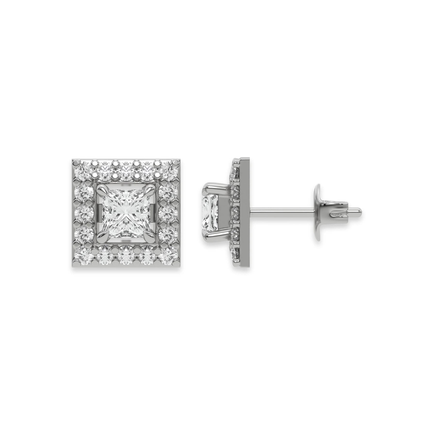 This white gold Classic Princess Diamond Halo Earrings made with a princess-cut solitaire diamonds set in a four prong setting in top view and side view