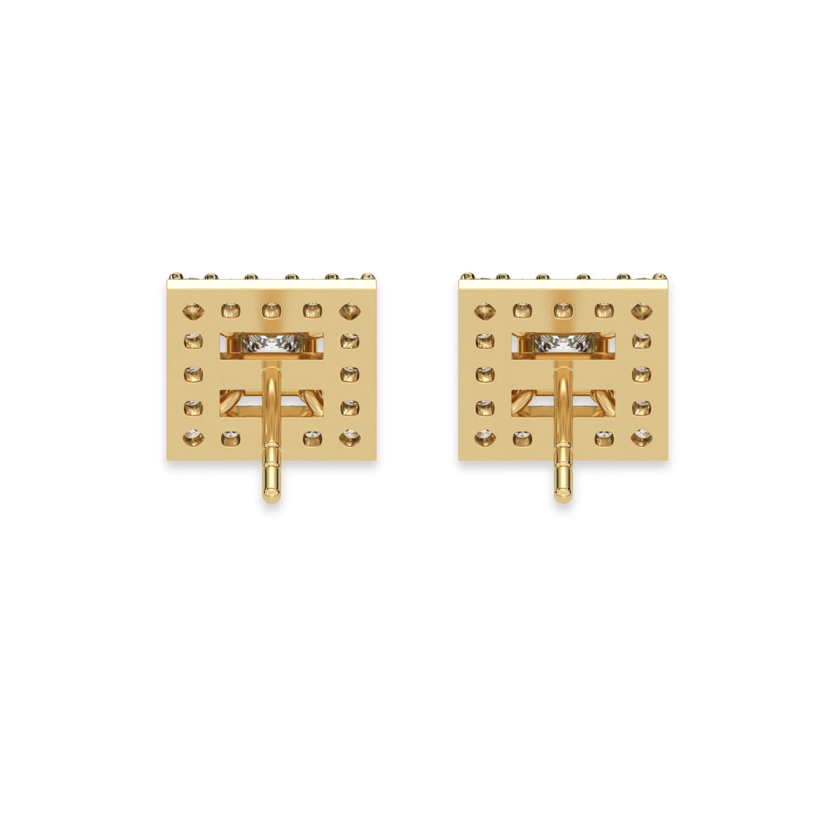 This yellow gold Classic Princess Diamond Halo Earrings made with a princess-cut solitaire diamonds set in a four prong setting in back view