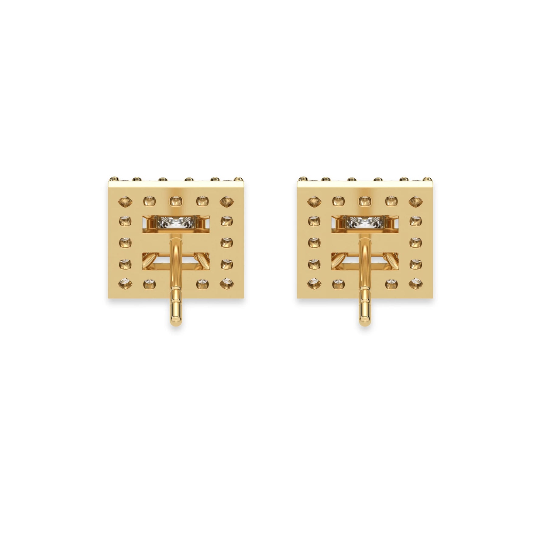 This yellow gold Classic Princess Diamond Halo Earrings made with a princess-cut solitaire diamonds set in a four prong setting in back view