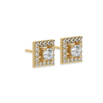 This yellow gold Classic Princess Diamond Halo Earrings made with a princess-cut solitaire diamonds set in a four prong setting in side view