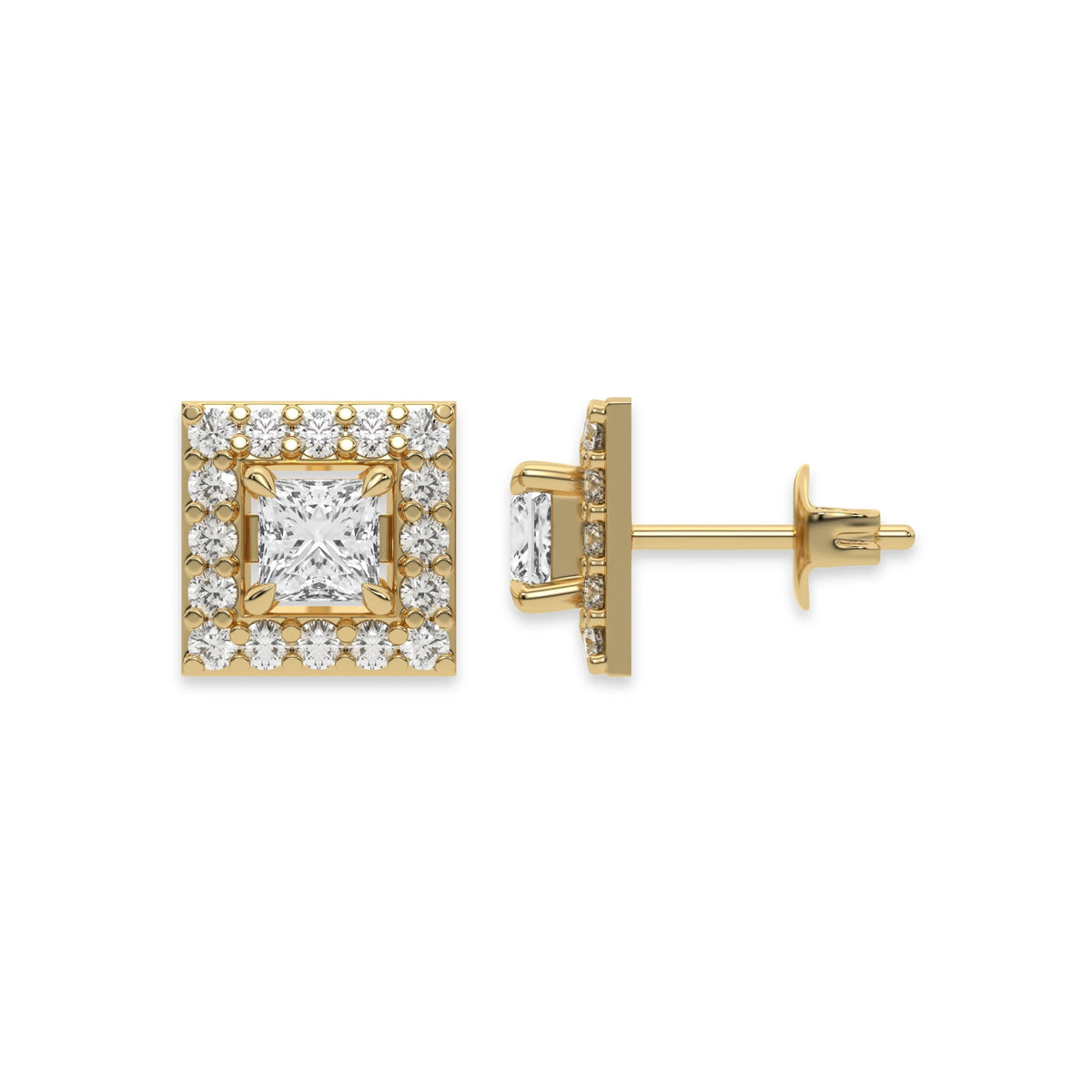 This yellow gold Classic Princess Diamond Halo Earrings made with a princess-cut solitaire diamonds set in a four prong setting in top view and side view