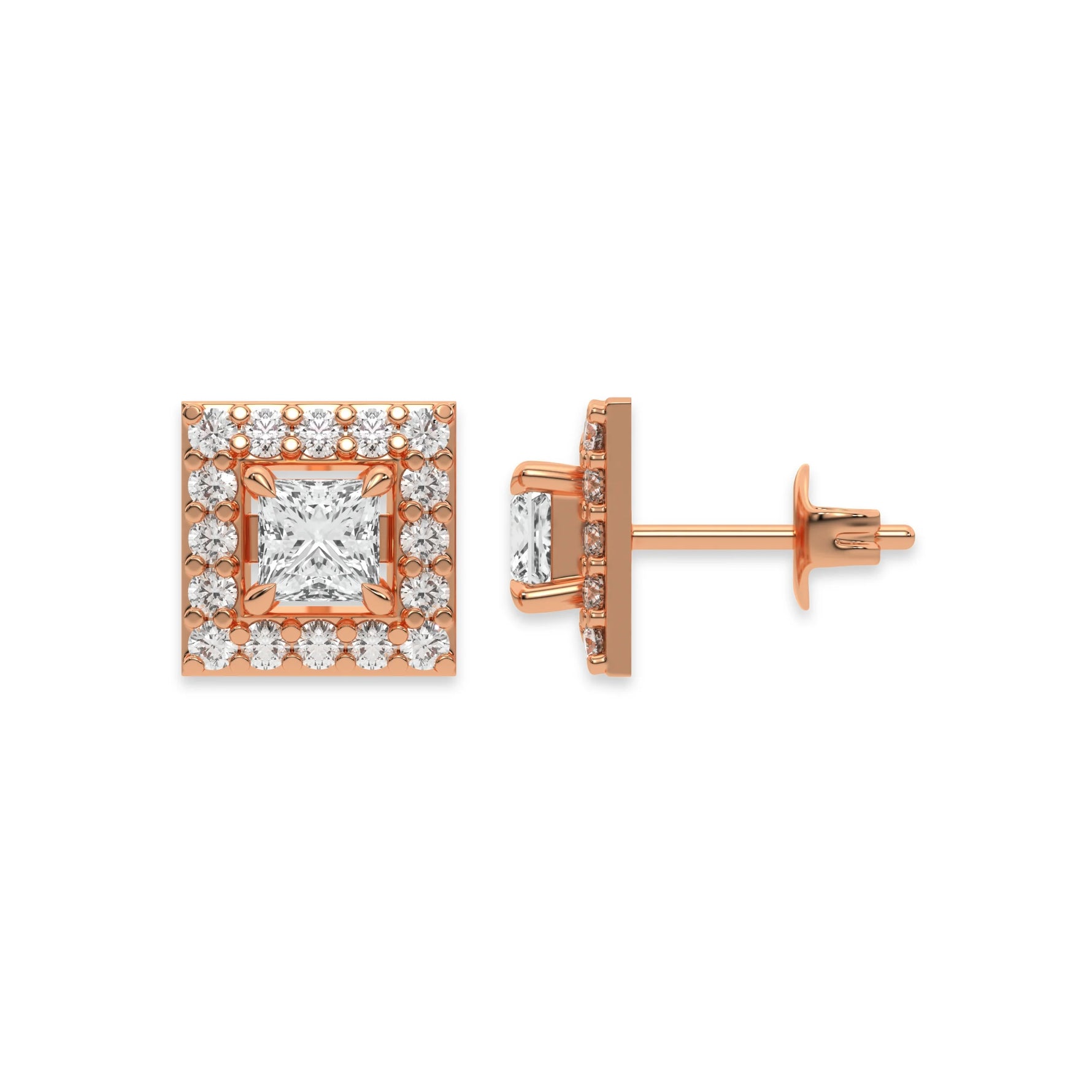 This rose gold Classic Princess Diamond Halo Earrings made with a princess-cut solitaire diamonds set in a four prong setting in top view and side view