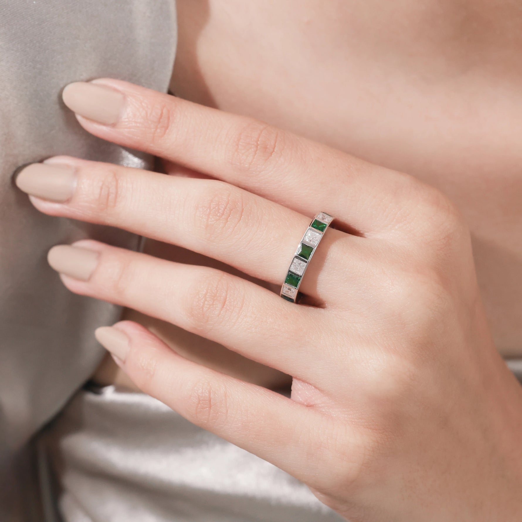 Princess Diamond Emerald Gemstone Full Eternity Ring