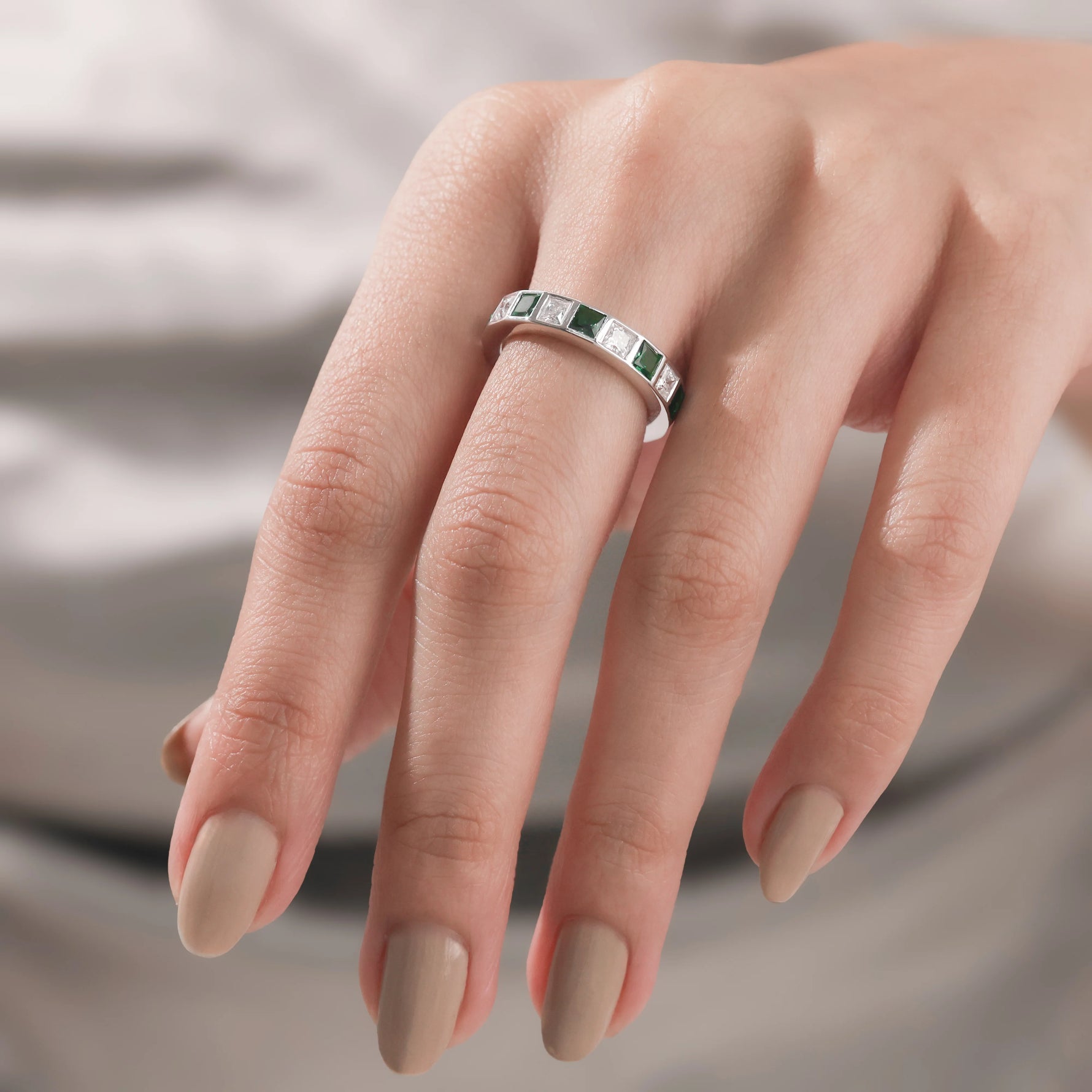 Princess Diamond Emerald Gemstone Full Eternity Ring