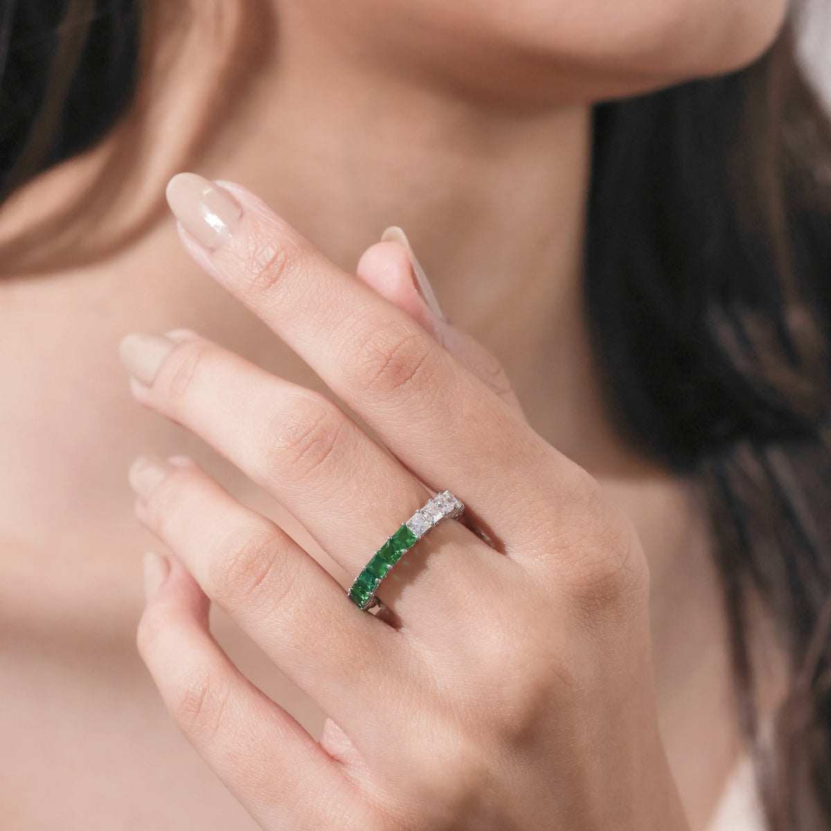 Princess Diamond Emerald Gemstone Full Eternity Ring