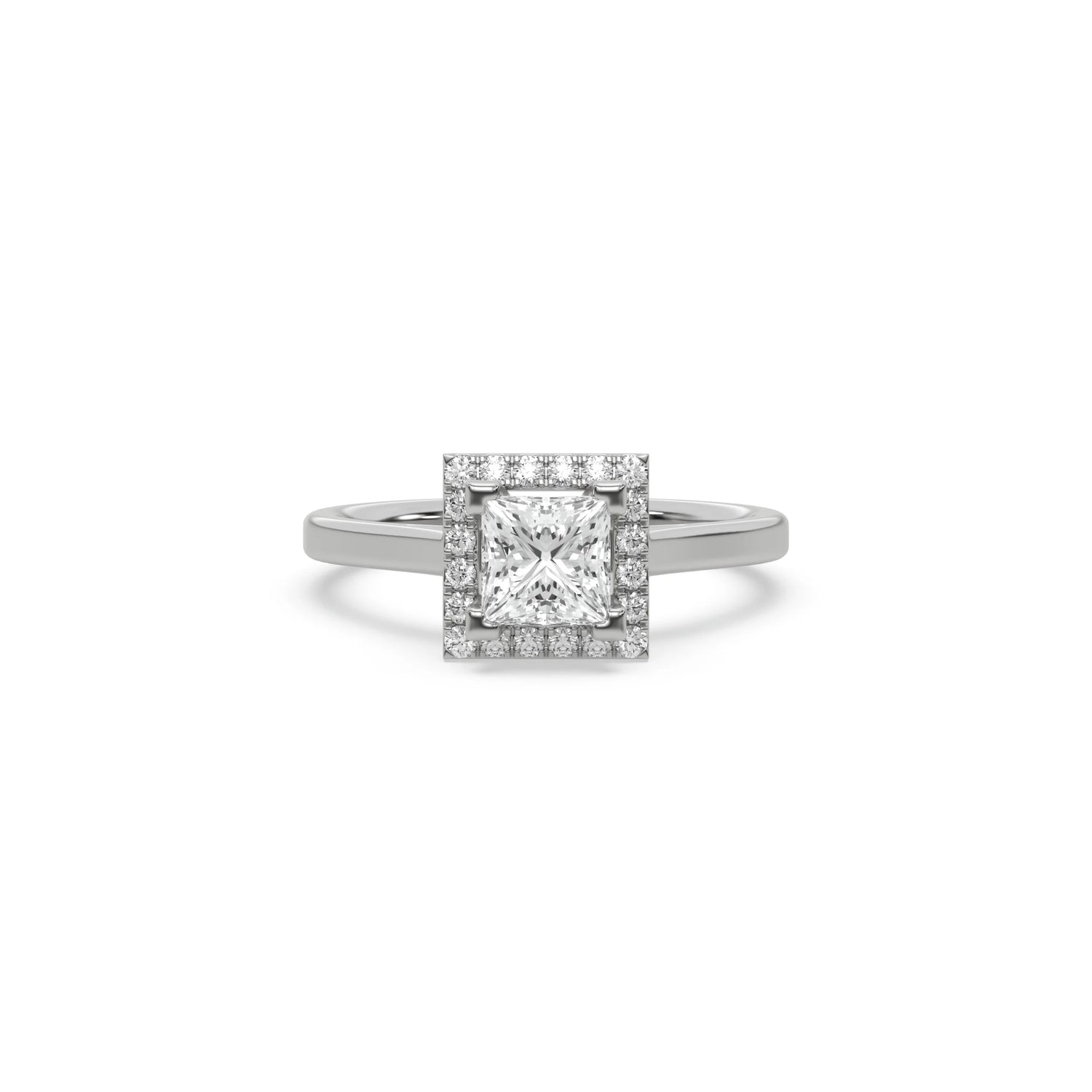 Princess cut diamond ring in 14k white gold with a square pave halo setting, showcasing a timeless bridal design perfect for a modern statement engagement ring look.