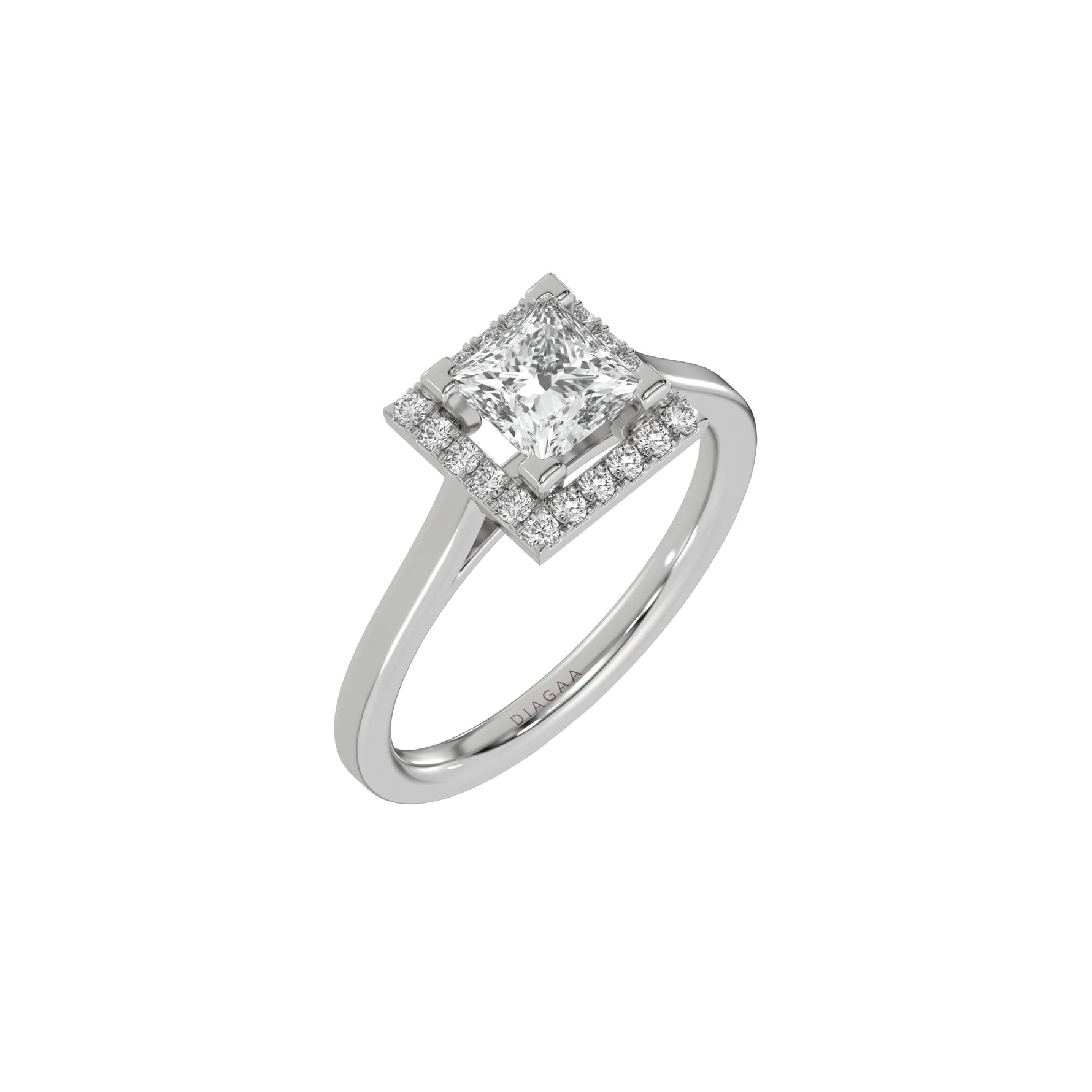 This white gold  ring is made with a princess solitaire diamond set in a four-prong setting in 3D view