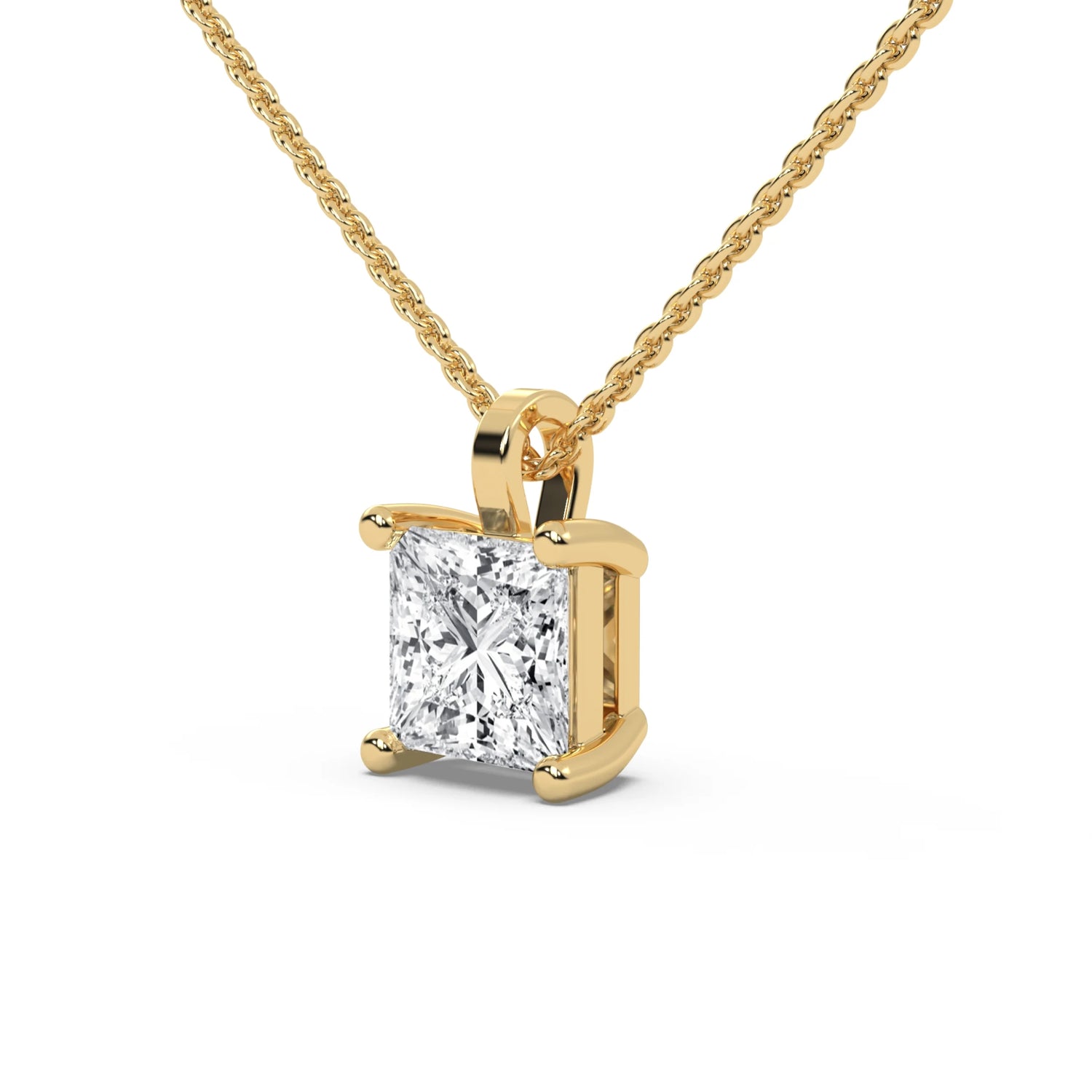 This yellow gold necklace features a princess-cut diamond securely set in four prongs in side view